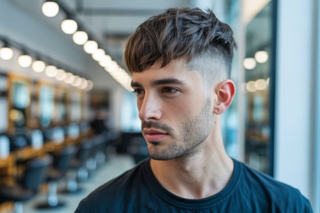 Homme avec une coupe french crop texturisée coiffée vers l'avant
