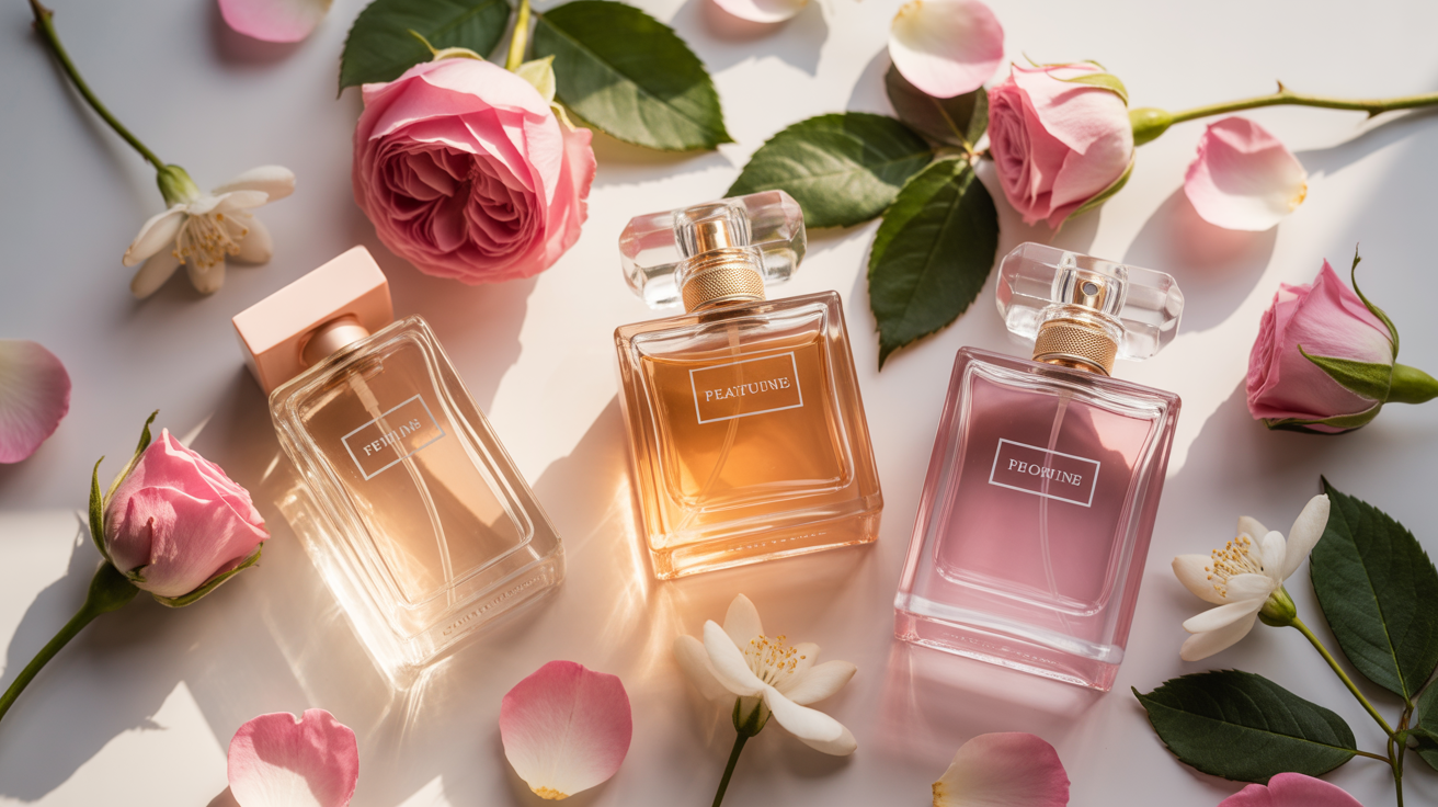 Flacons de parfums féminins entourés de pétales de rose et fleurs de jasmin illustrant les références femme La Maison des Essences