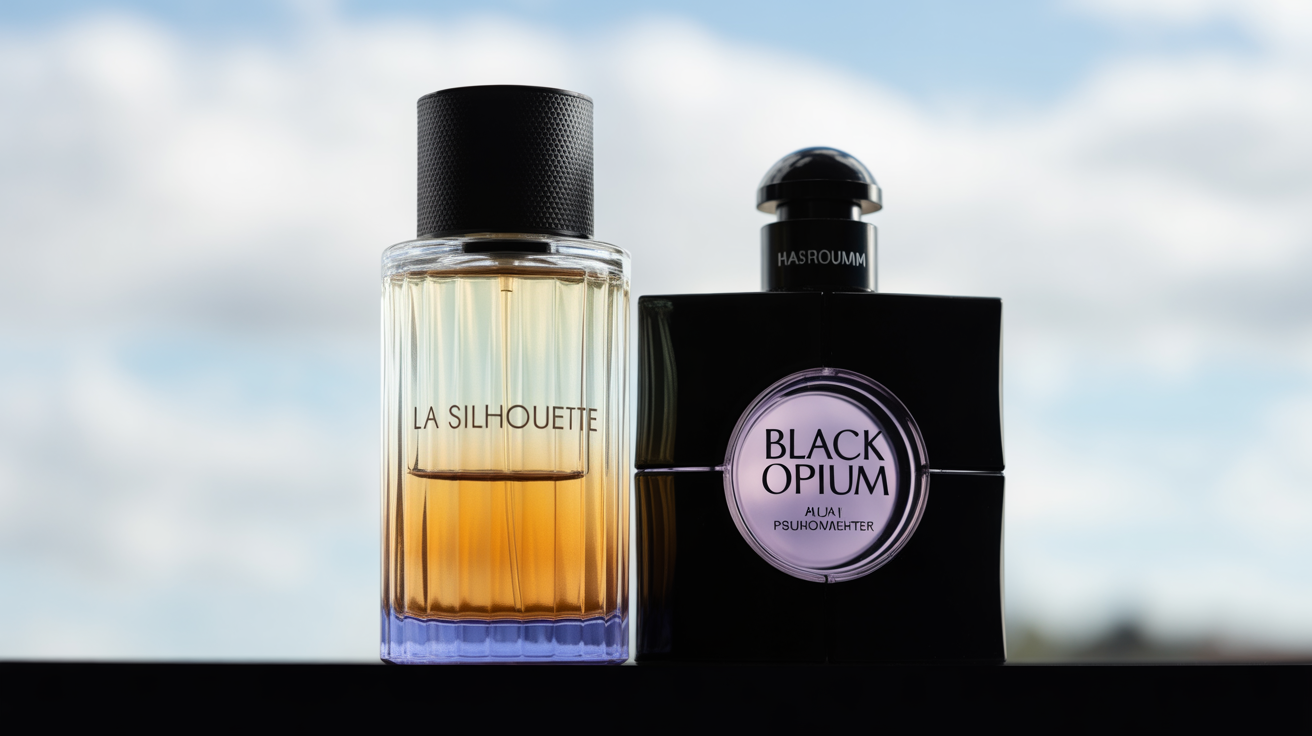 Comparaison visuelle entre le parfum La Silhouette de Lidl et son équivalent Black Opium d'Yves Saint Laurent