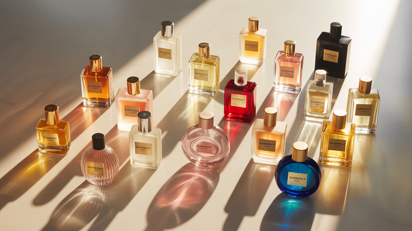 Collection complète des parfums femme Suddenly de Lidl arrangés en présentation élégante