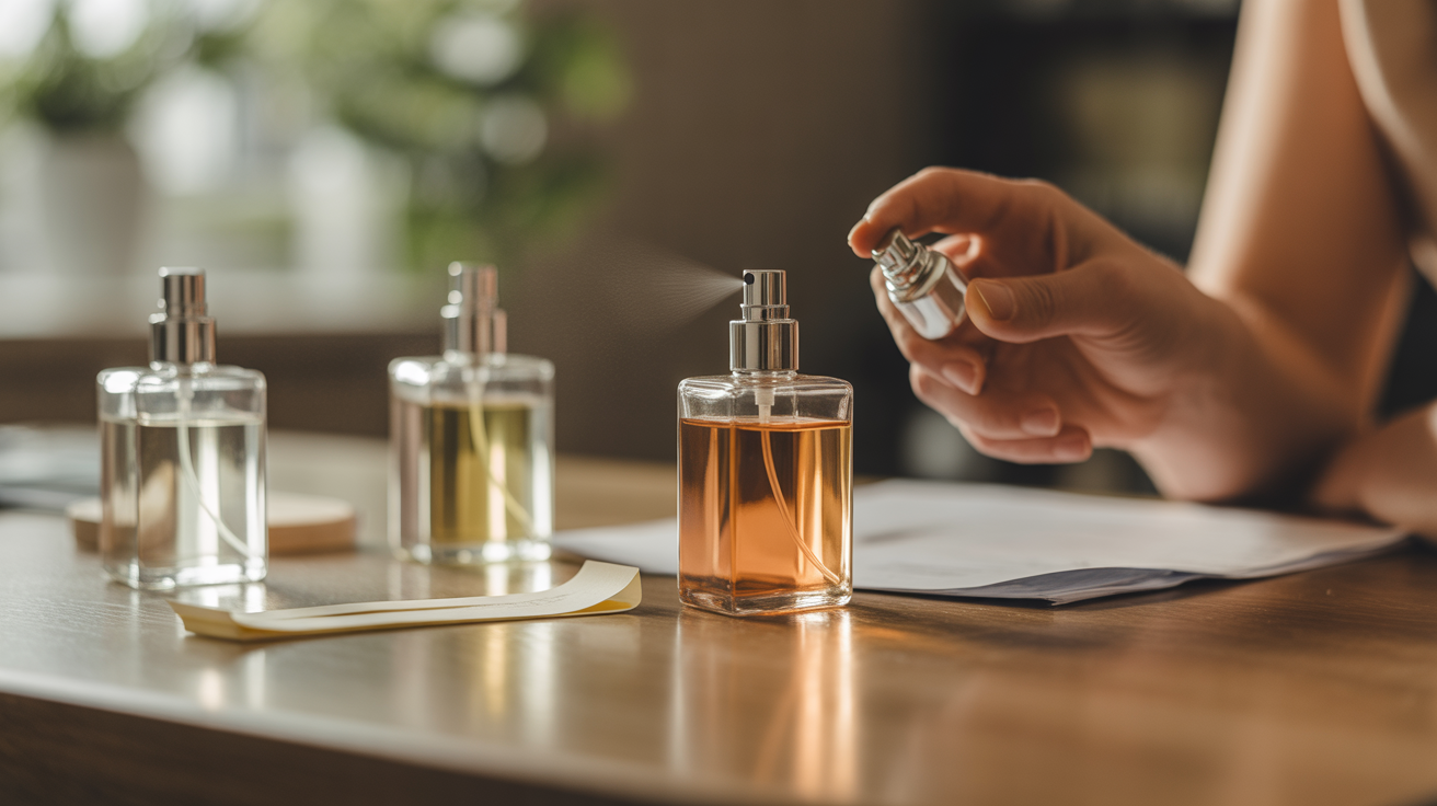 Scène de test et évaluation qualité de parfums avec vaporisateurs et mouillettes sur table en bois