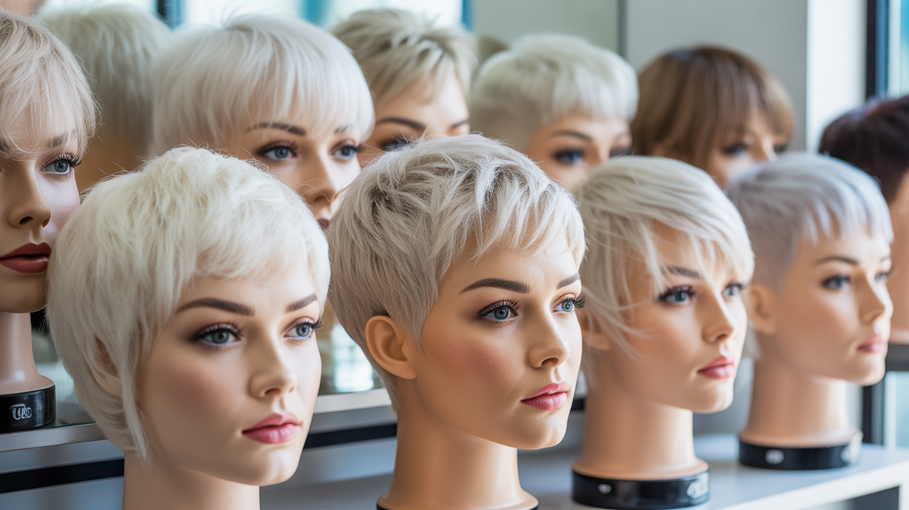 Collection de coupes courtes pour cheveux blancs présentées sur têtes de mannequin dans un salon