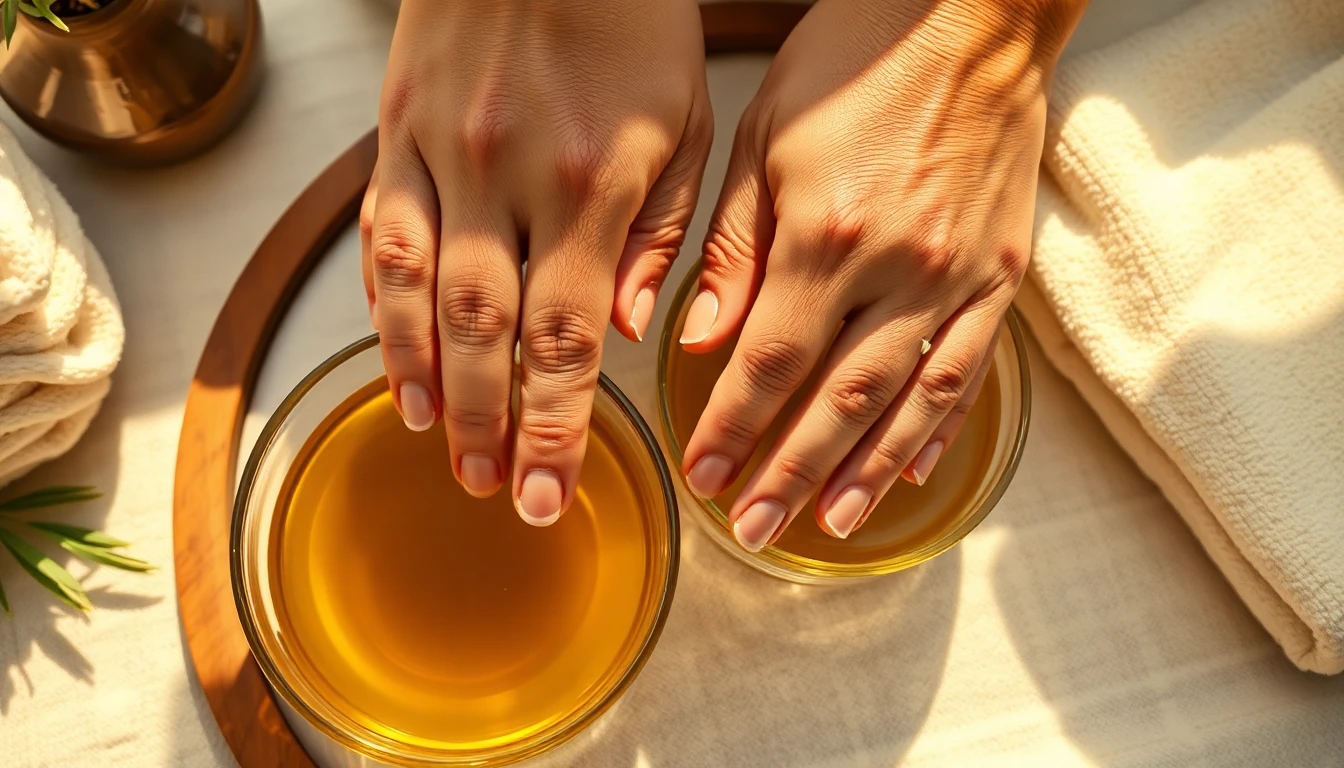 Trempage des ongles dans l'huile d'olive tiède pour enlever le vernis semi-permanent