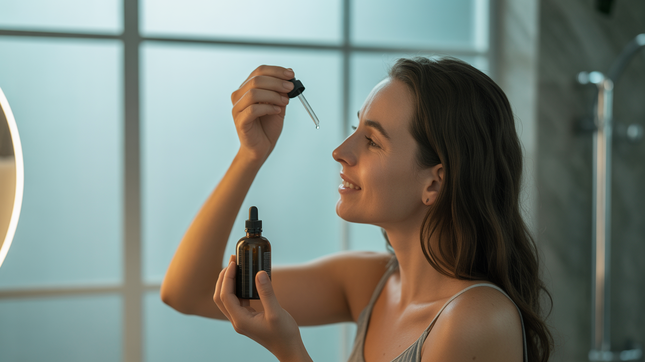Démonstration de l'application quotidienne de minoxidil dans la routine matinale d'une femme