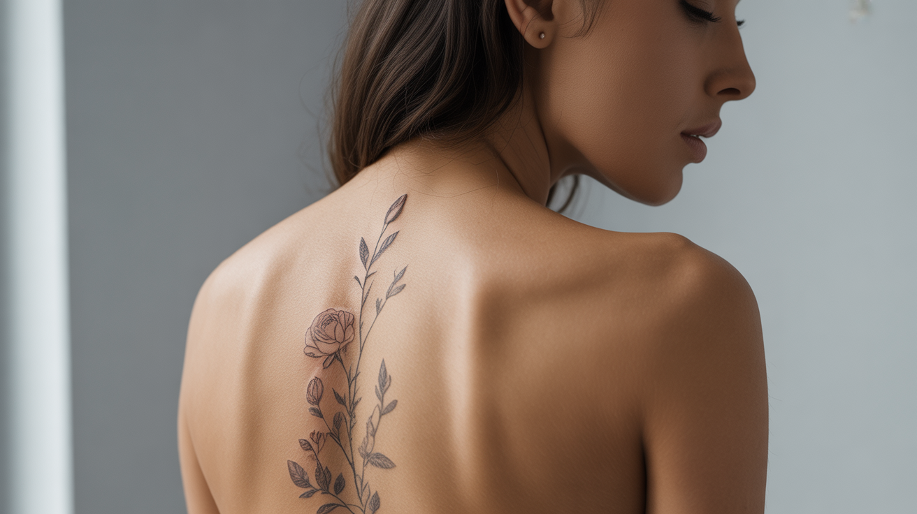 Gros plan sur un tatouage floral délicat le long de la colonne vertébrale d'une femme
