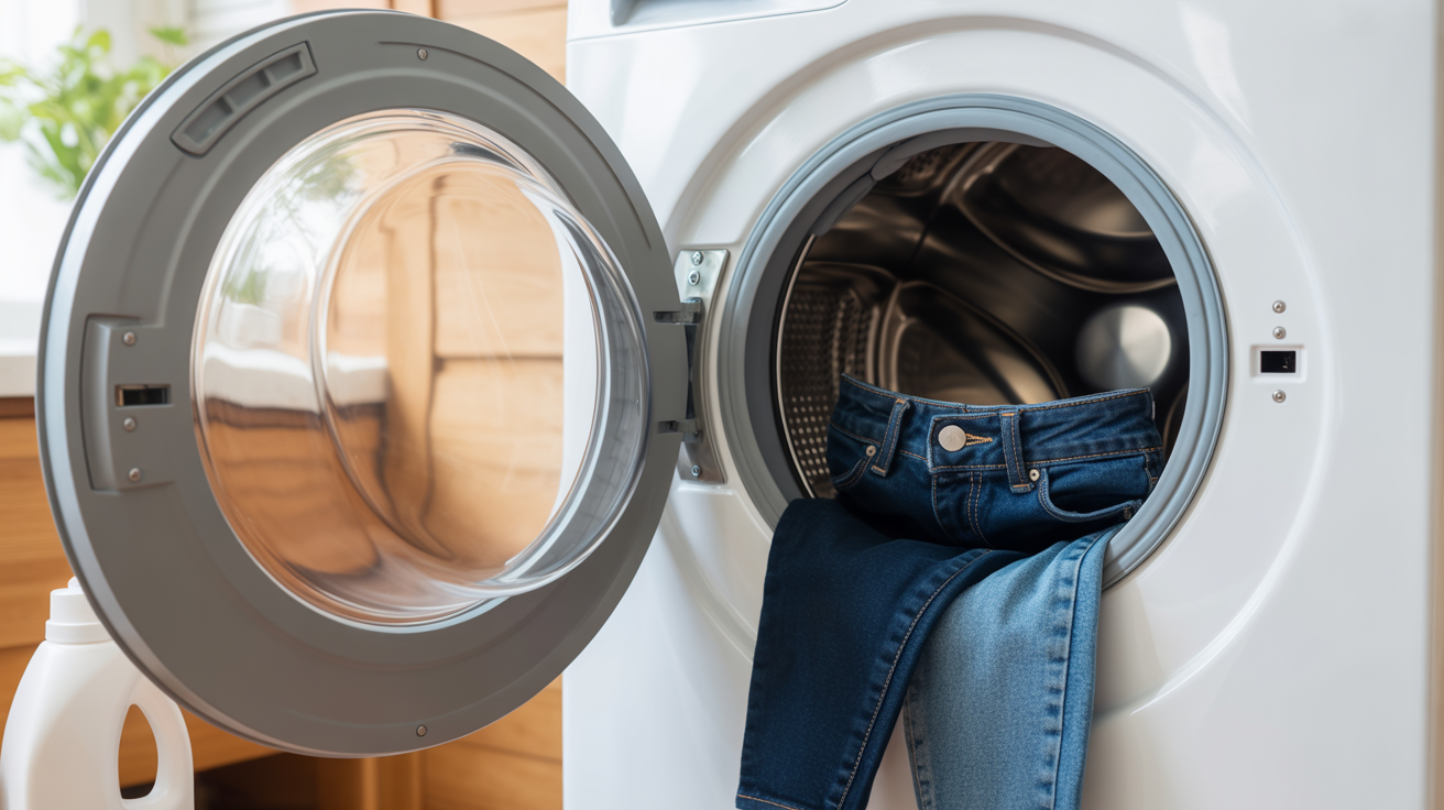 Machine à laver moderne avec jean en cours de lavage, montrant le processus de nettoyage des vêtements neufs