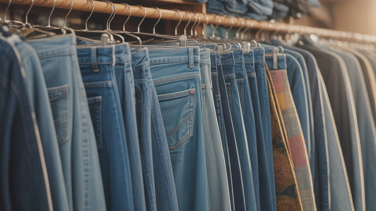 Vêtements de seconde main et jeans vintage suspendus sur un portant, représentant les achats en friperie