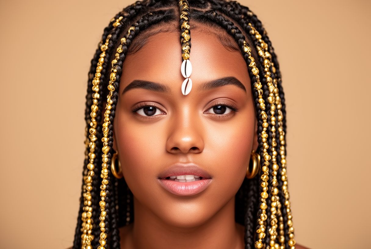 Tresses fulani avec perles dorées et tresse centrale sur cheveux noirs, fond neutre studio beauté