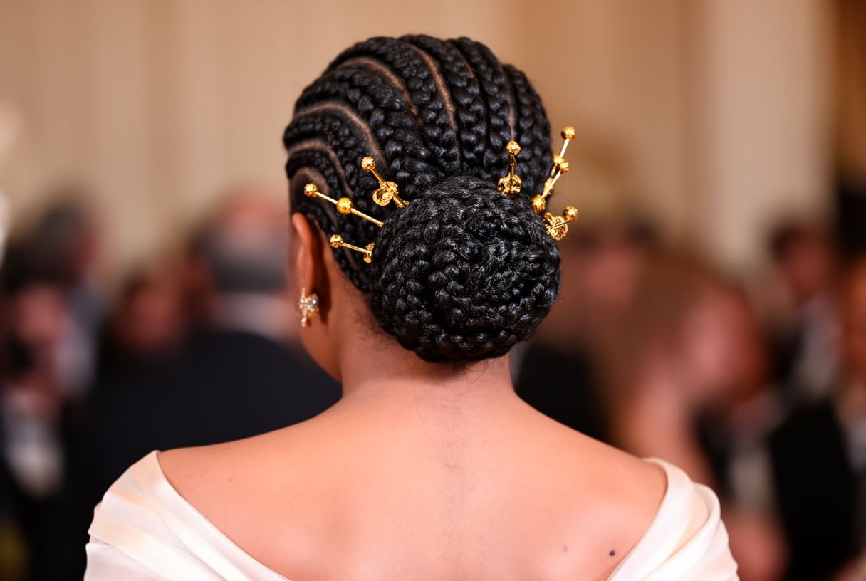 Vue de dos d’un updo tressé élaboré avec cornrows et tresses entrelacées et épingles dorées pour occasion spéciale