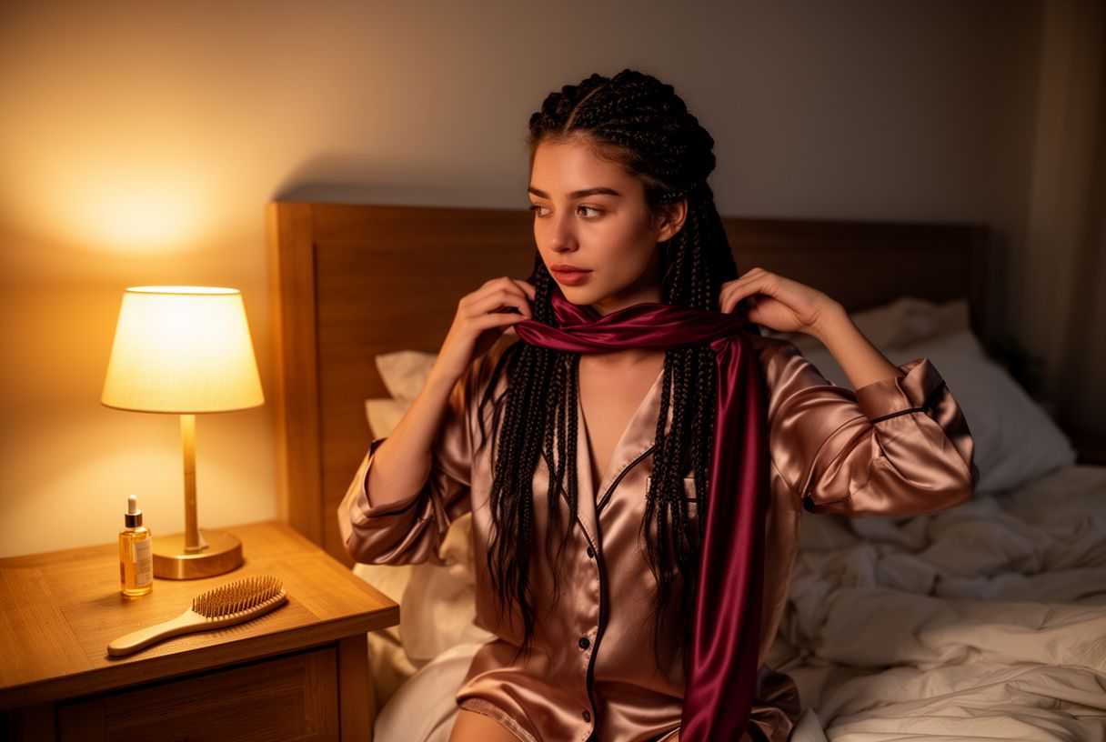 Femme qui enroule un foulard en satin bordeaux autour de ses nattes africaines dans sa chambre le soir, bouteille d’huile visible