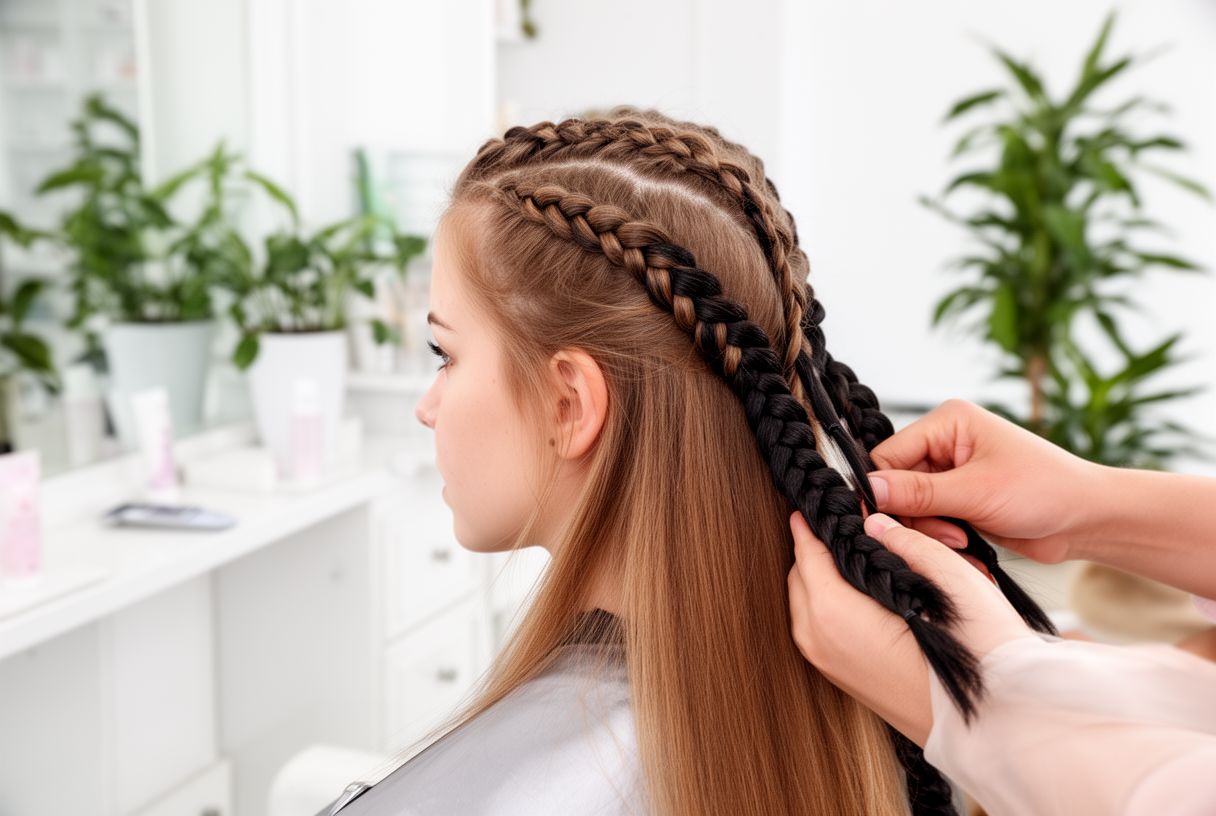 Jeune femme aux cheveux fins européens avec knotless braids naturelles dans un salon de coiffure moderne