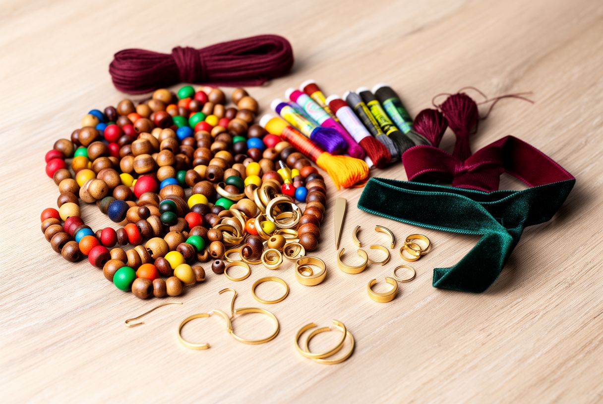 Flatlay d’accessoires pour nattes africaines avec perles colorées, cuffs dorés, fils colorés et rubans de velours sur bois clair