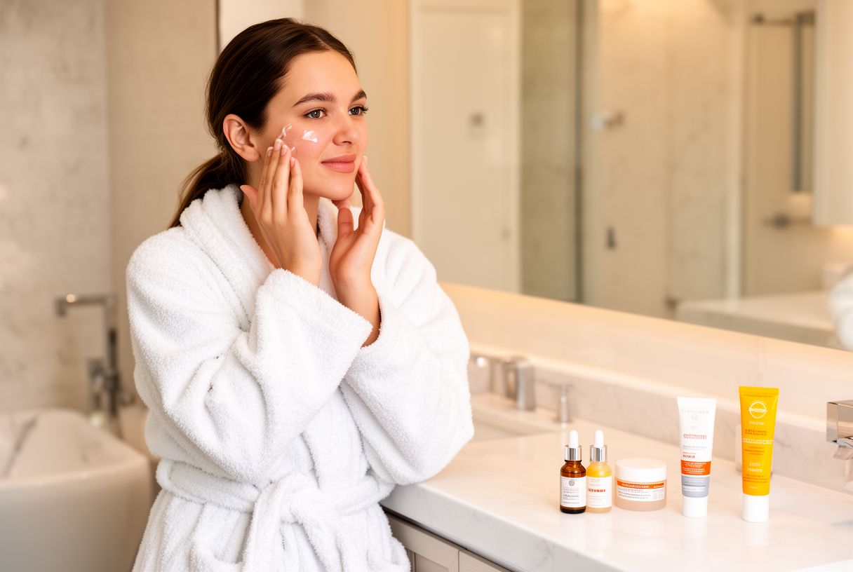 Femme en robe de chambre blanche appliquant un sérum visage du bout des doigts, plusieurs soins posés sur le plan vasque de sa salle de bain