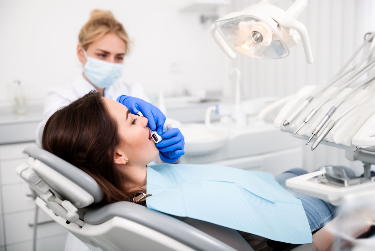 Patiente allongée dans un fauteuil dentaire, dentiste en gants bleus travaillant avec soin dans un cabinet moderne éclairé
