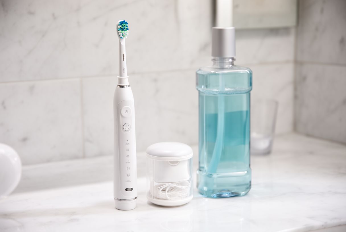 Brosse à dents électrique, fil dentaire et flacon de bain de bouche disposés sur un plan de salle de bain blanc