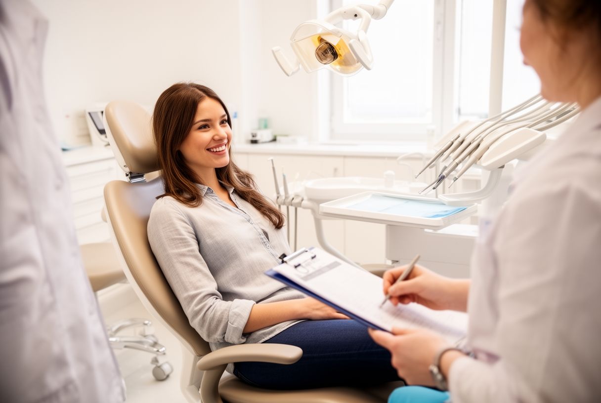 Patiente souriante en consultation dans un cabinet dentaire moderne