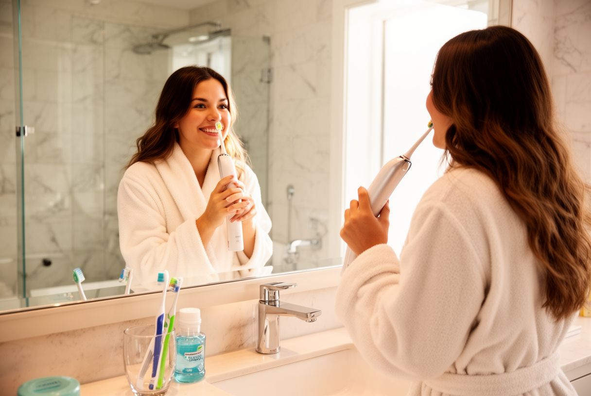 Femme se brossant les dents dans sa salle de bain lors de sa routine matinale