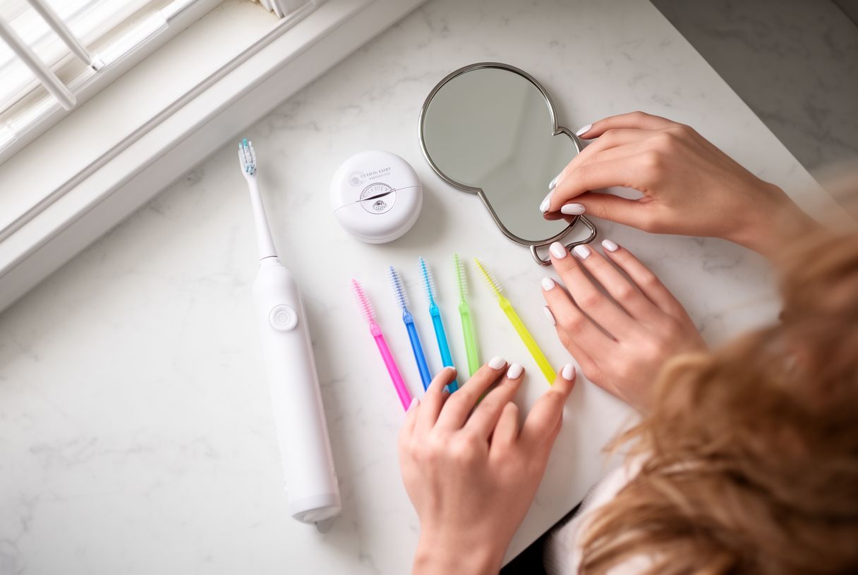 Kit de soins dentaires complet sur un plan de travail en marbre : brosse électrique, fil dentaire, brossettes interdentaires