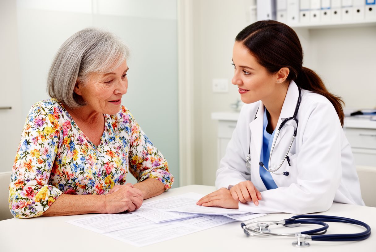Femme de 60 ans en consultation médicale discutant de ses résultats de glycémie avec son médecin