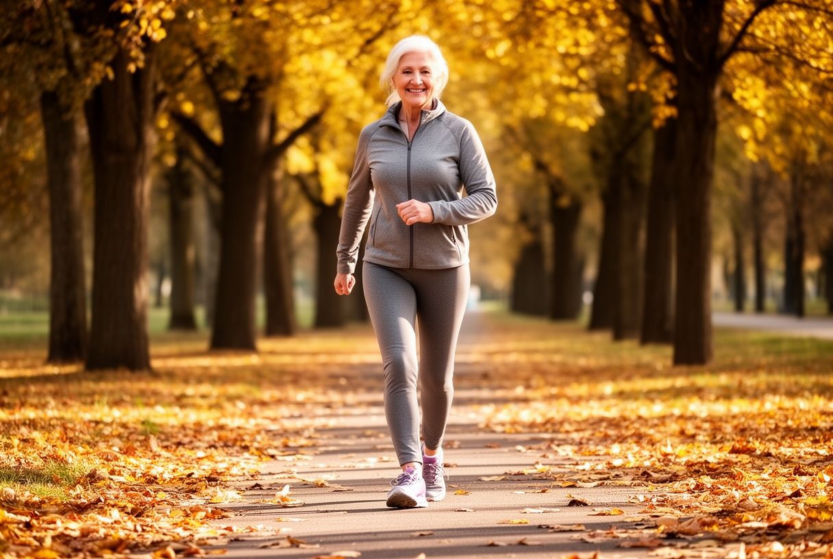 Femme active de 60 ans marchant rapidement dans un parc en automne