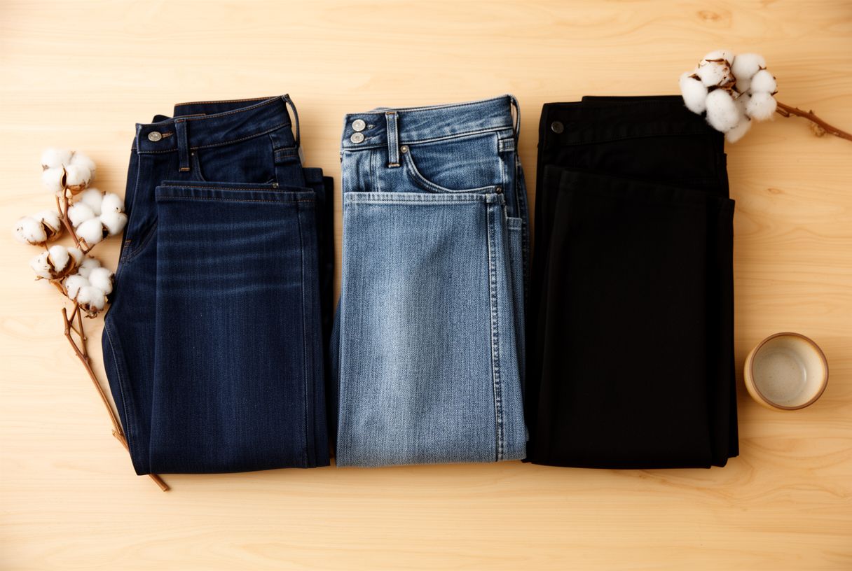 Flat lay de plusieurs jeans français de coupes différentes sur une table en bois clair