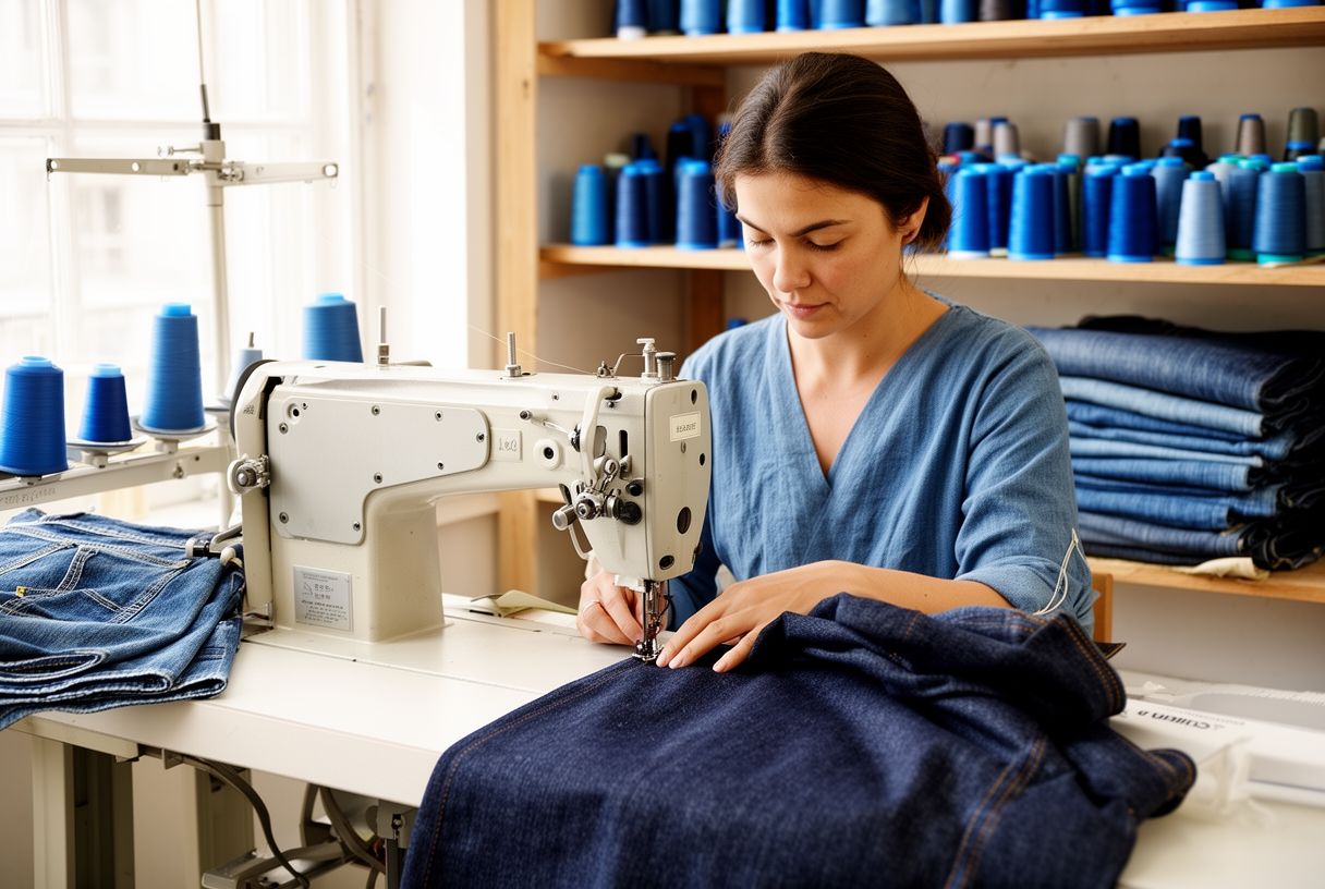 Artisane couturière dans un atelier français travaillant sur du tissu denim indigo avec une machine à coudre industrielle