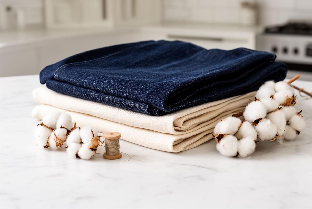 Tissu denim indigo et écru plié sur une surface en marbre blanc avec des fibres de coton naturel à côté