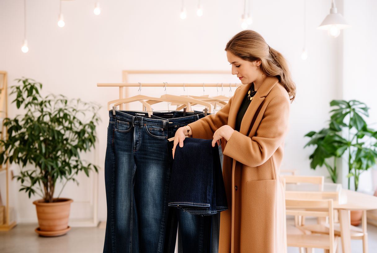 Femme en manteau camel choisissant un jean dans une boutique minimaliste aux murs blancs avec des plantes vertes