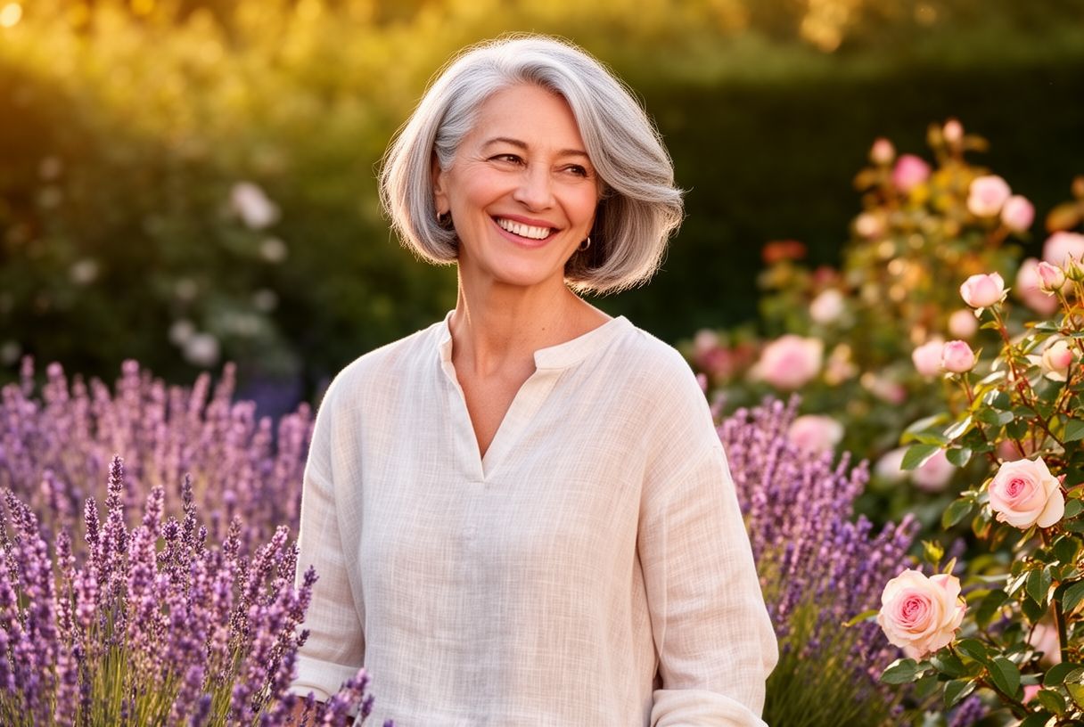 Femme élégante dans la soixantaine avec des cheveux gris courts et stylés, souriant dans un jardin fleuri au soleil couchant