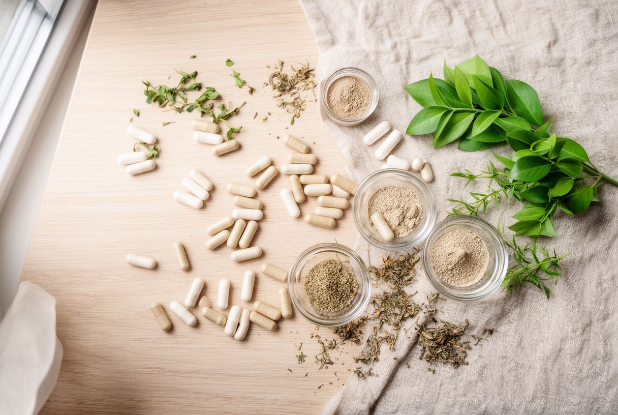 Flat lay de gélules et poudres de compléments alimentaires anti-stress disposés sur une table en bois clair avec des feuilles vertes