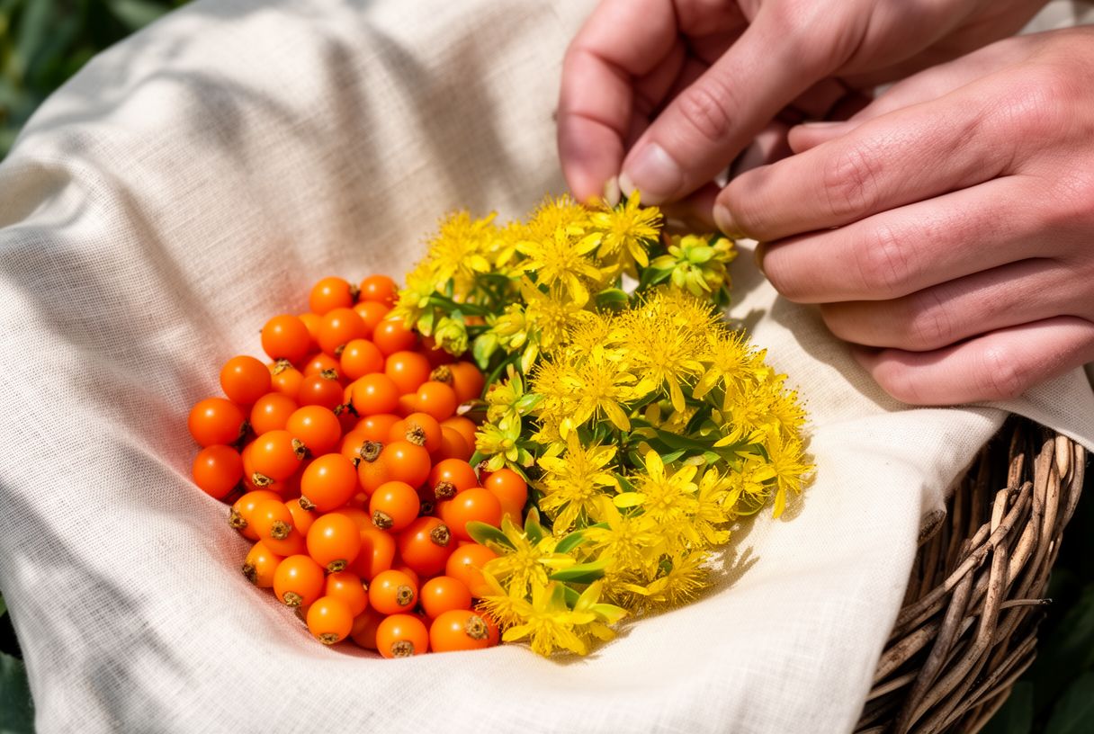 Baies oranges d'ashwagandha et fleurs jaunes de rhodiola posées sur fond de tissu crème dans un panier en osier