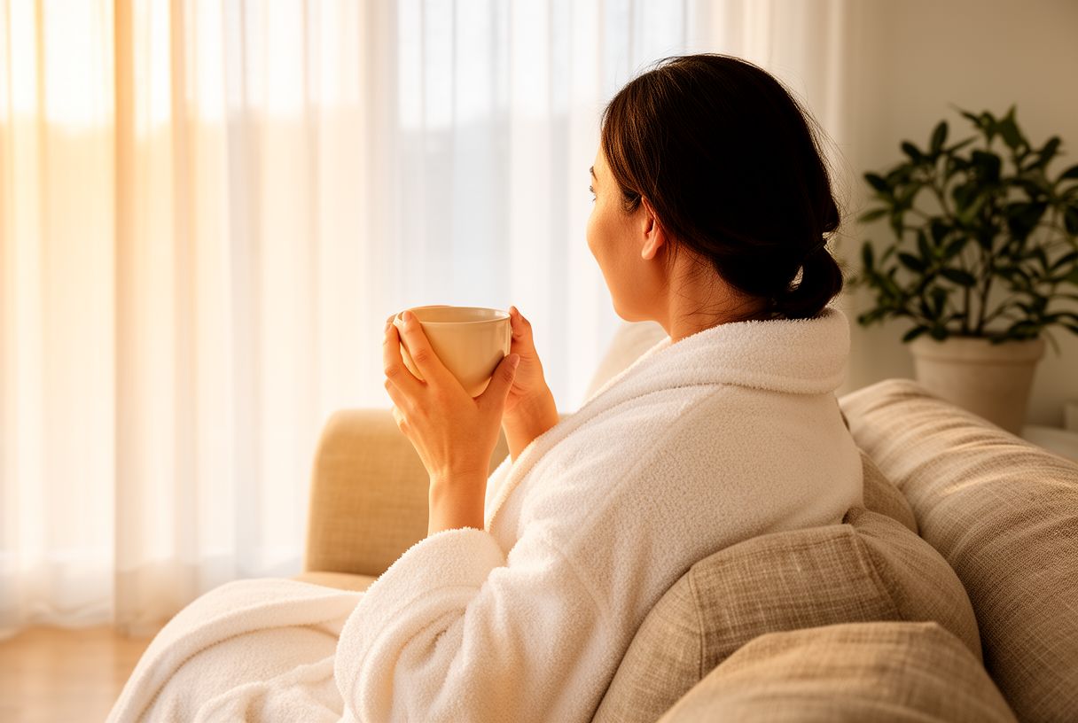 Femme de dos assise sur un canapé en peignoir blanc tenant une tasse chaude, lumière dorée du matin traversant les rideaux