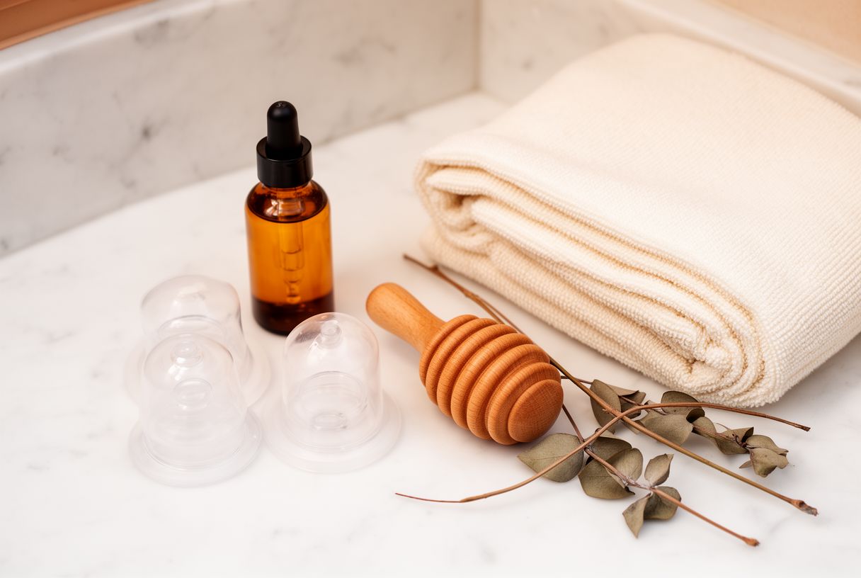 Flat lay d'accessoires de palper rouler maison : huile corps, ventouses silicone, rouleau de massage, serviette beige