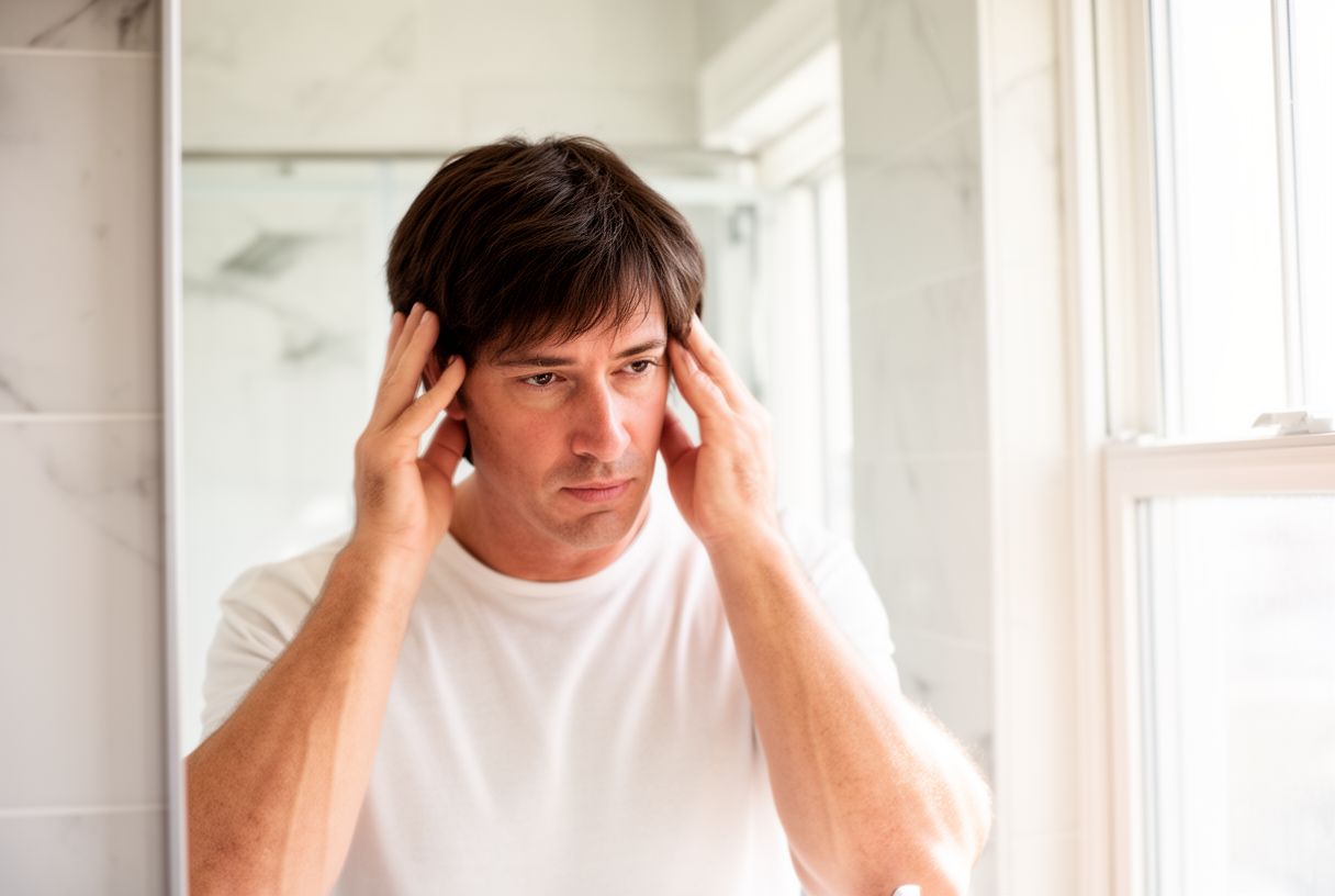 Homme debout devant le miroir de sa salle de bain, les deux mains posées sur les tempes pour ajuster soigneusement sa perruque courte brune, lumière naturelle matinale