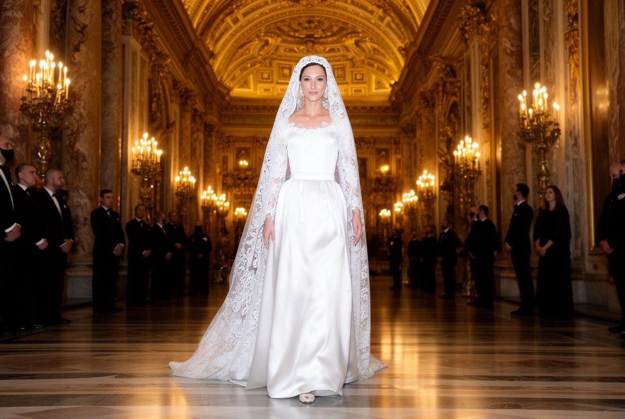 Reine en robe blanche et voile blanc lors d'une audience papale solennelle dans une salle dorée du Vatican