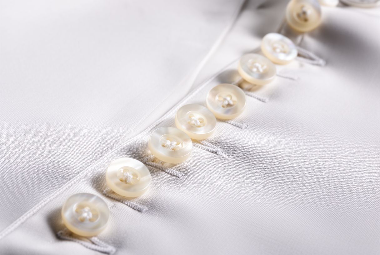 Gros plan sur les 33 boutons de nacre d'une soutane blanche papale
