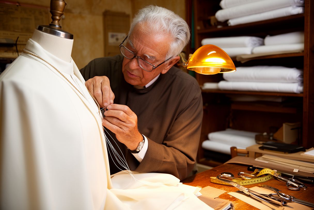 Artisan tailleur romain cousant à la main une soutane blanche sur un mannequin dans un atelier éclairé à la lampe
