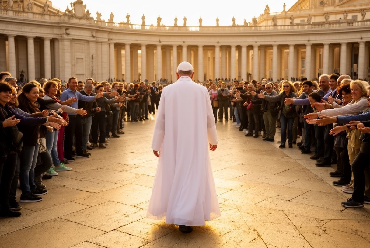 Pape en longue soutane blanche et calotte marchant dans une cour ensoleillée du Vatican entouré de fidèles