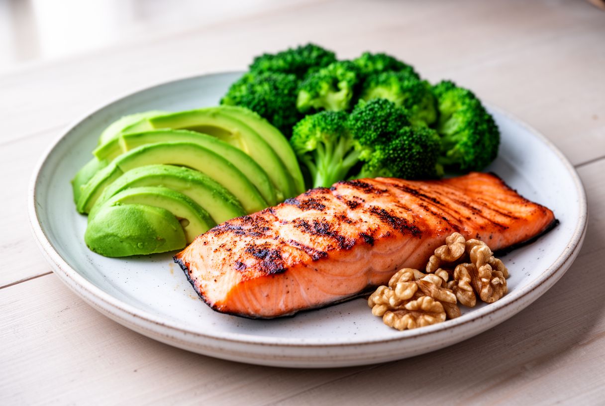 Assiette colorée anti-cholestérol avec avocat tranché, saumon grillé, brocolis et noix