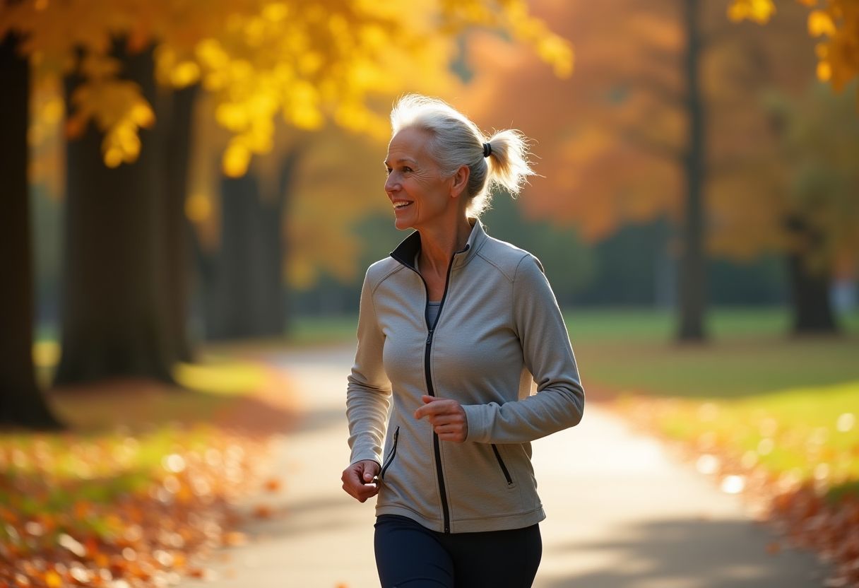 Femme de 60 ans marchant d'un pas vif dans un parc en automne, activité physique senior