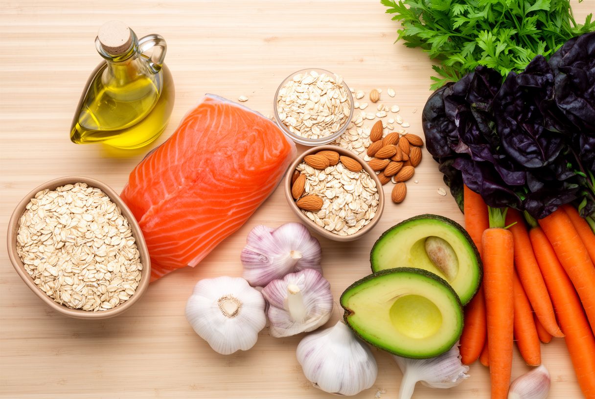 Ingrédients sains sur une table de cuisine : huile d'olive, saumon frais, flocons d'avoine, amandes et légumes colorés