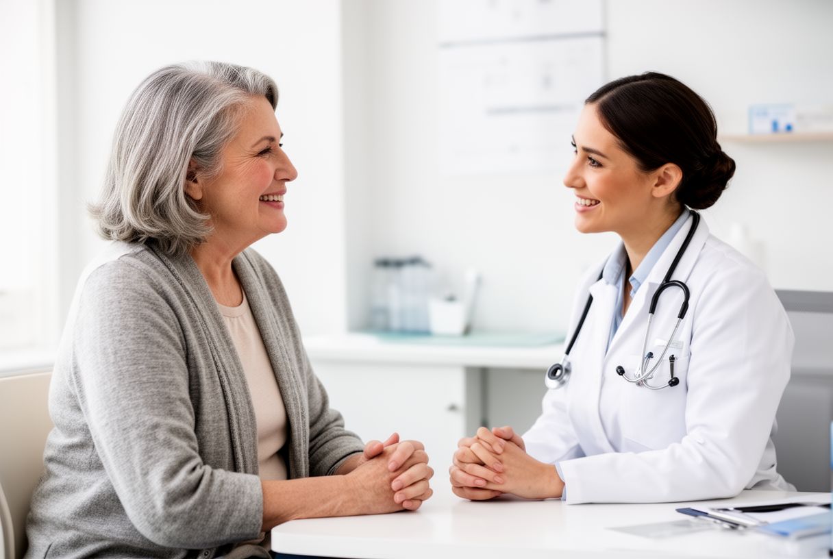 Femme de 60 ans en consultation avec son médecin dans un cabinet médical lumineux et bienveillant