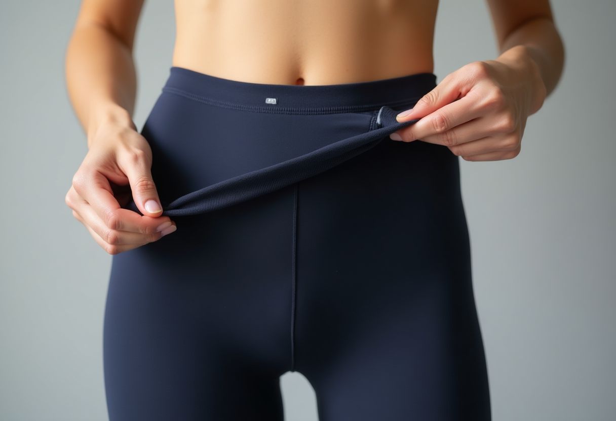 Mains féminines tenant un collant opaque pour montrer l'étiquette intérieure à la ceinture