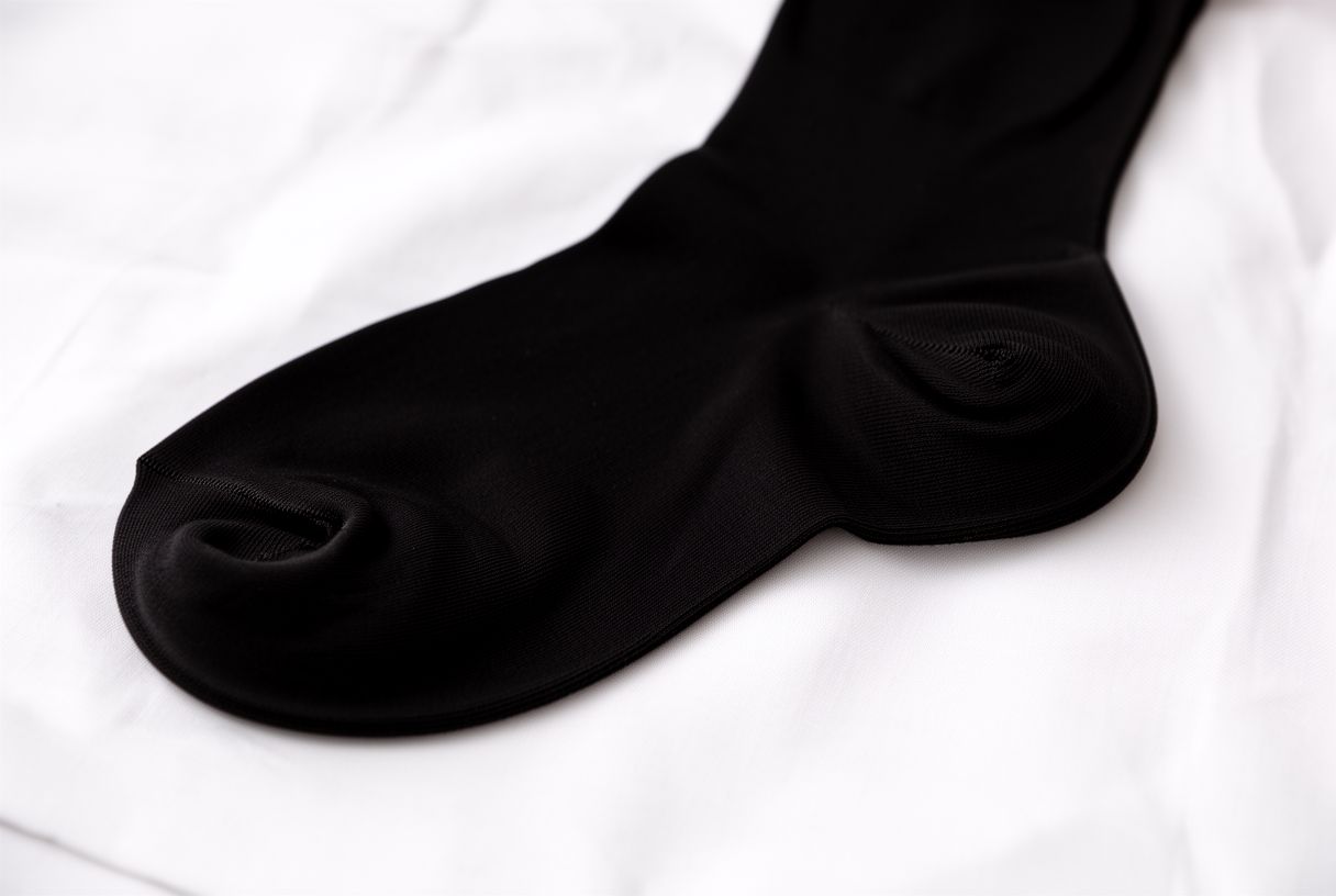 Collant opaque posé à plat sur un tissu blanc montrant la zone talon préformée en relief