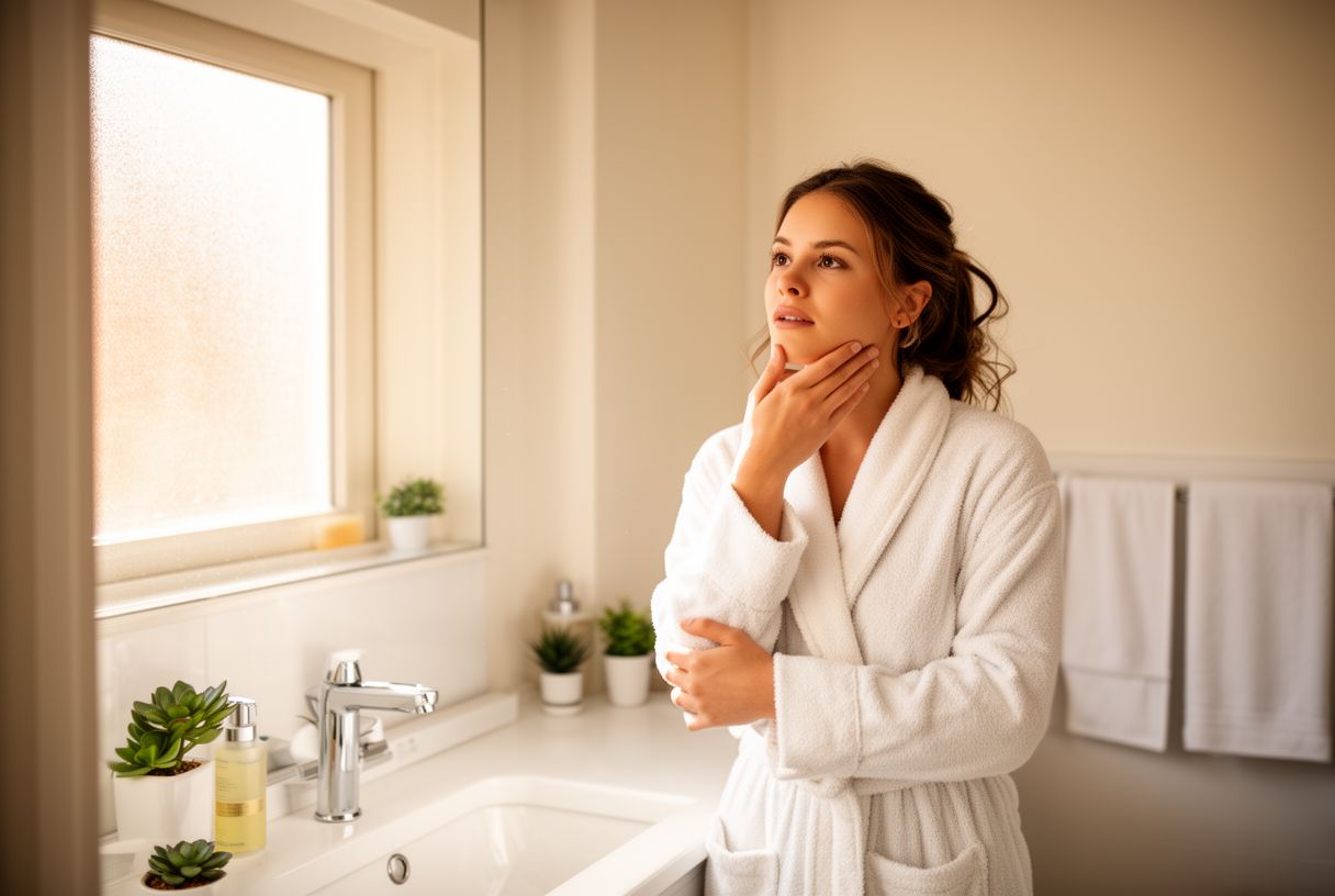 Femme en peignoir devant un miroir de salle de bain le matin, touchant délicatement sa mâchoire, éclairage naturel doux