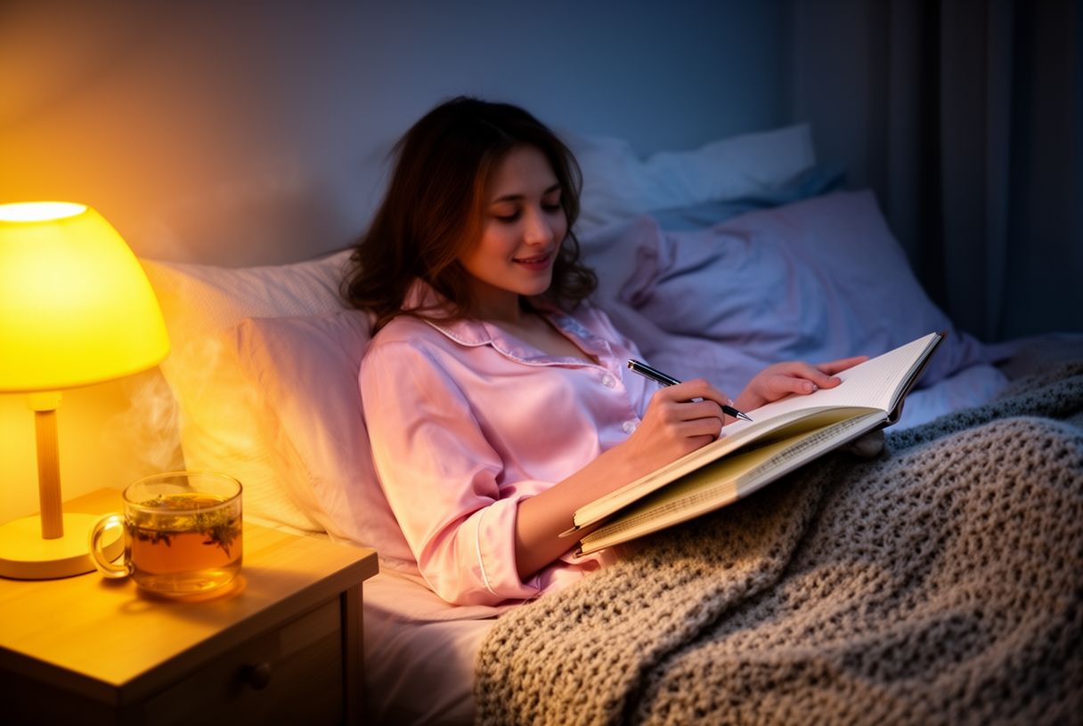 Femme en pyjama écrivant dans un carnet à la lumière douce d'une lampe de chevet, tasse de tisane sur la table de nuit