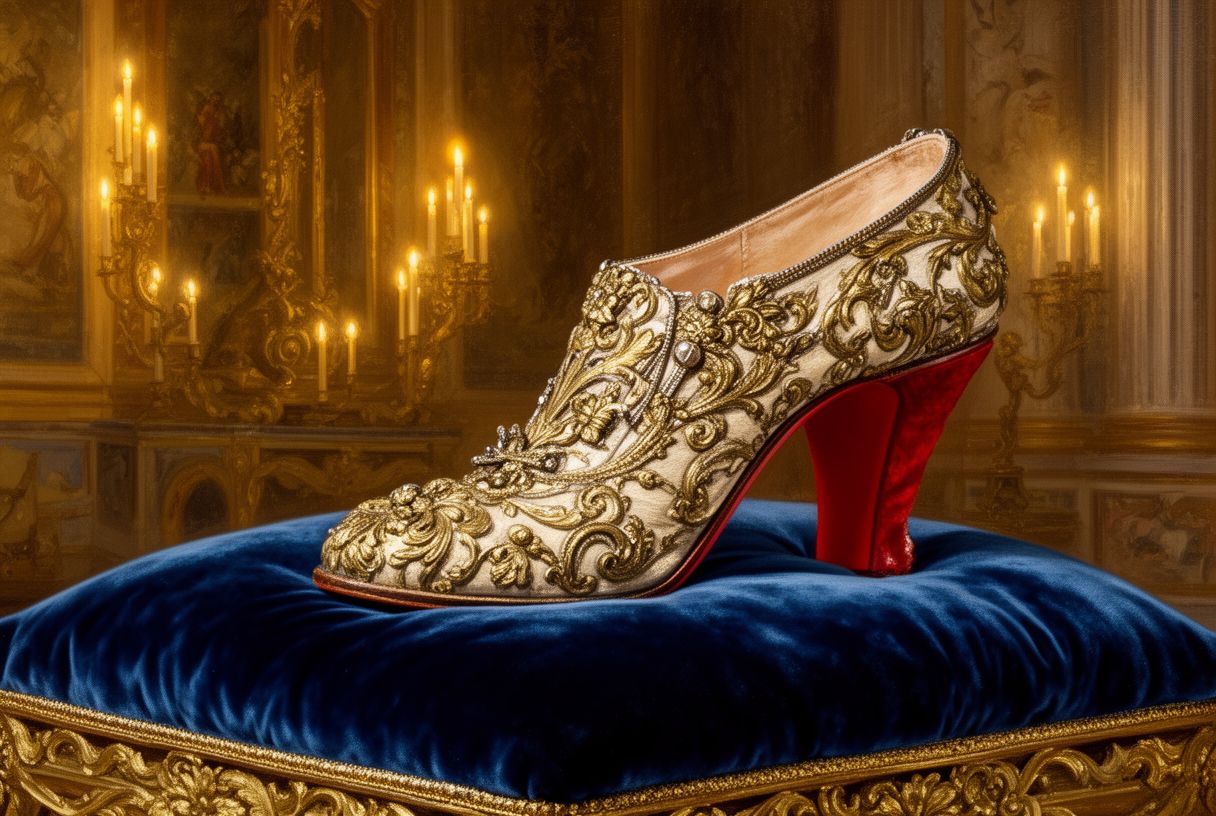 Illustration comparant une chaussure à talon rouge style XVIIe siècle et un escarpin Louboutin contemporain à semelle rouge
