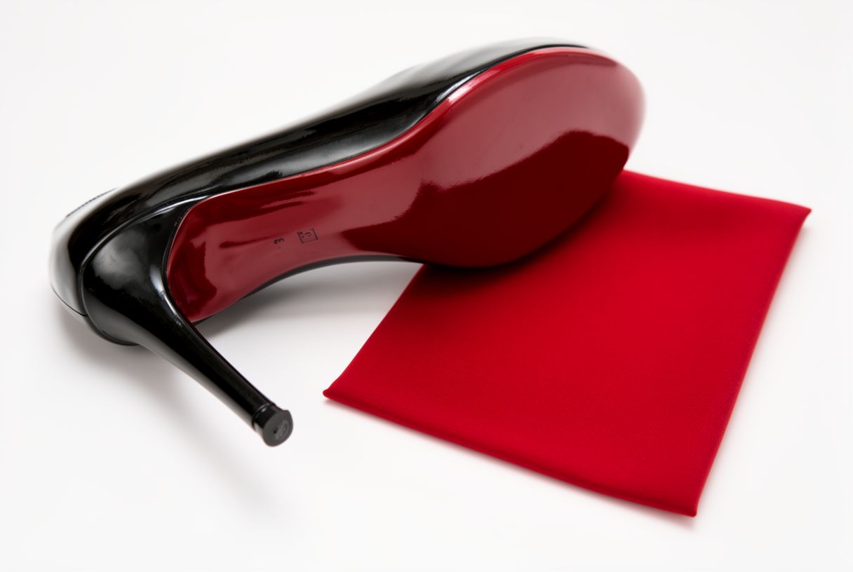 Carte couleur Pantone 18-1663 rouge sur fond blanc épuré avec silhouette d'escarpin à côté