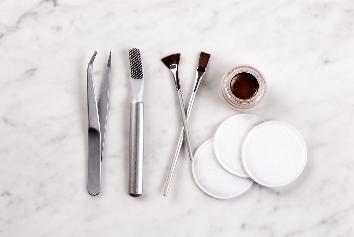 Pince à épiler, pinceau et pot de teinture pour sourcils sur un plan en marbre