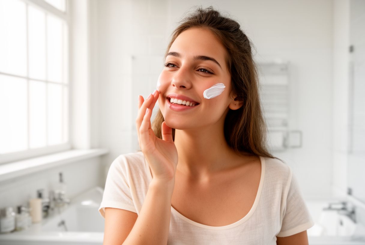 Femme souriante à la peau saine appliquant de la crème solaire sur son visage